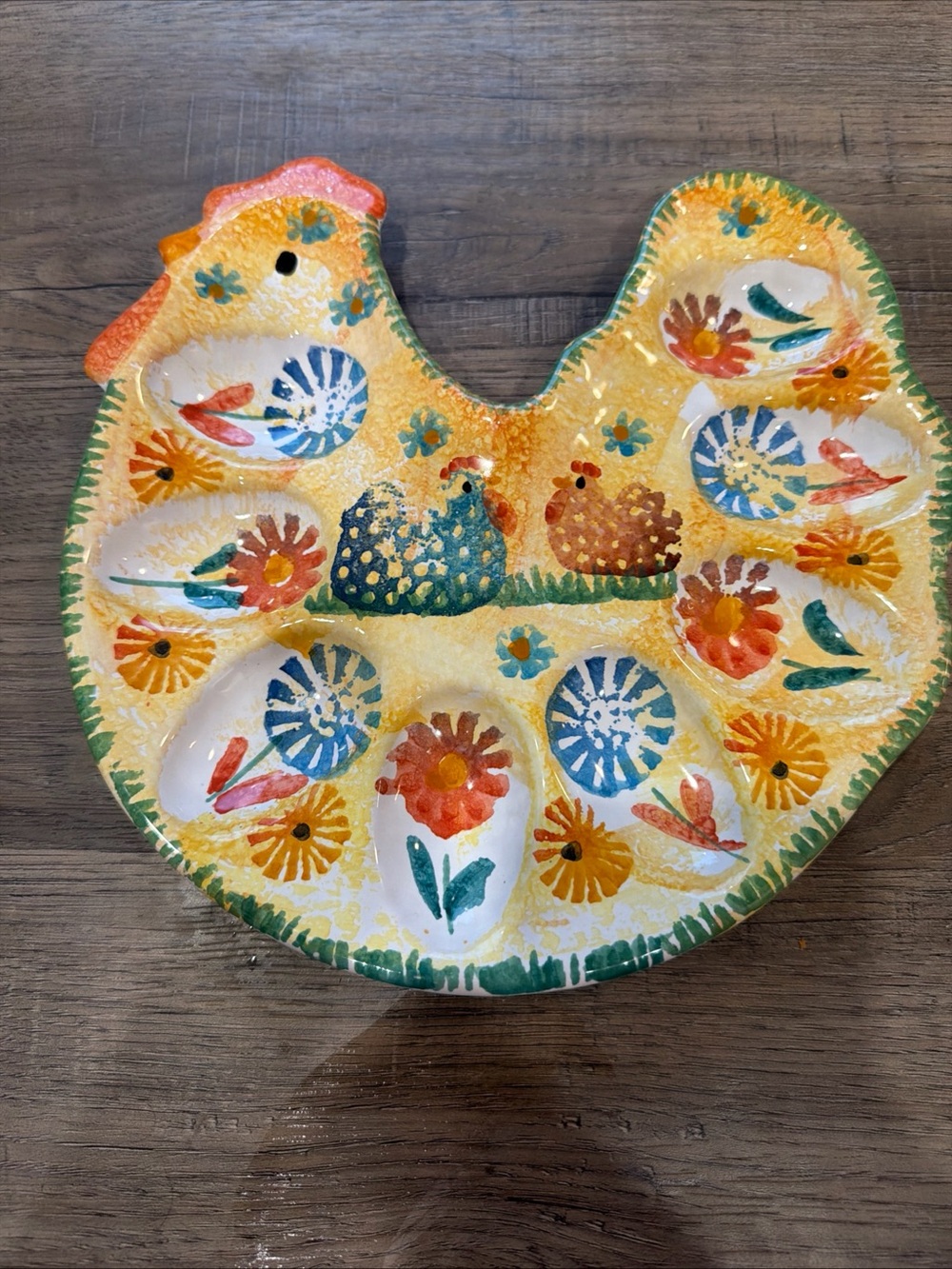 Made in Italy Hand-Painted Yellow Floral Hen Deviled Egg Plate Holder